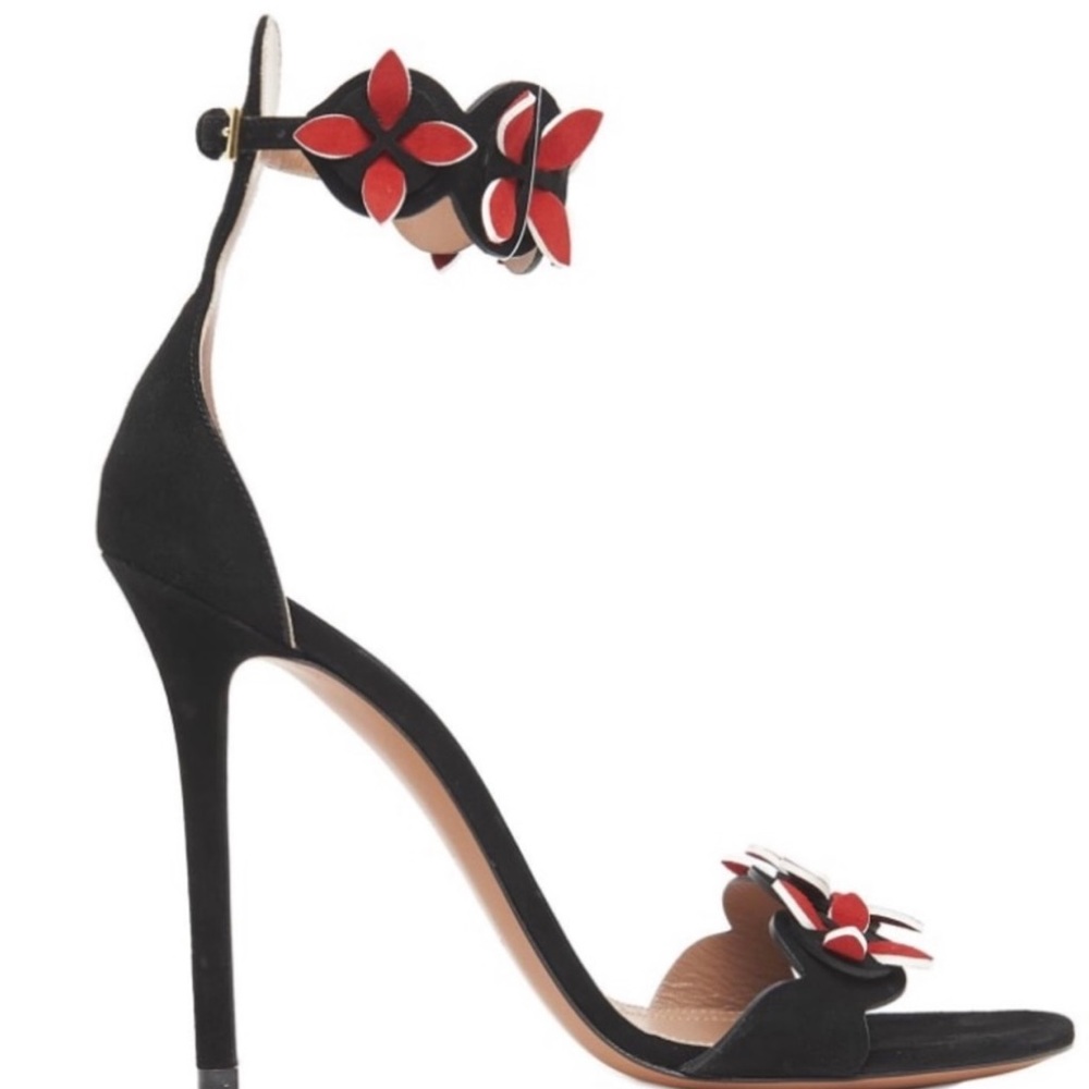 Alaia Black Red Flower Cut Suede Ankle Strap Heels